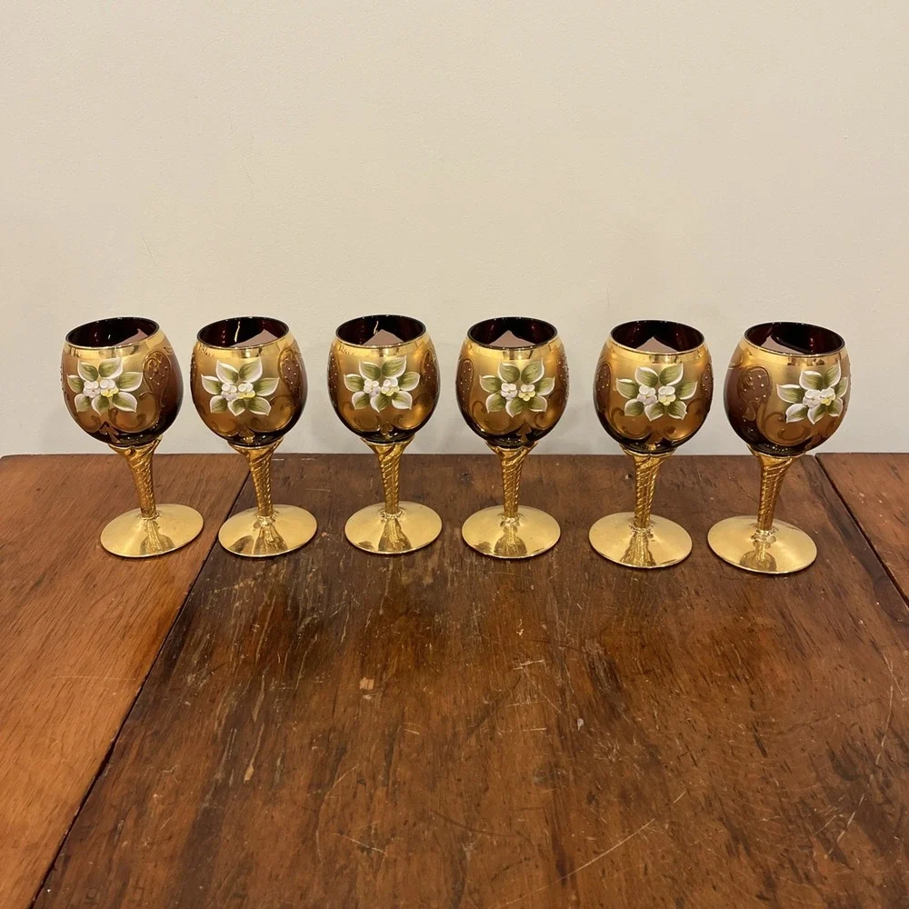 Vtg Tre Fuochi Italian Venetian Murano Glass Amber 24K Gold Floral Decanter Set